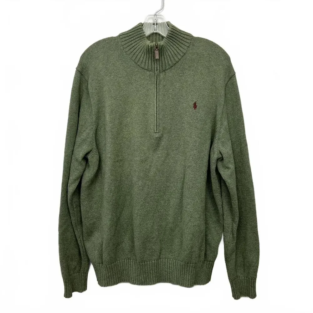 Polo Ralph Lauren Men’s XXL 2XL 1/4 Zip Green 100% Cotton Sweater Pullover Knit - Picture 2 of 9